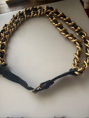 Made in Italy Neiman Marcus Gold-Tone Chain with Black Leather Weave Strap Belt